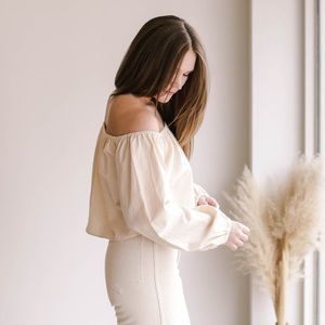 OZMA Cream Off-Shoulder Peasant Blouse